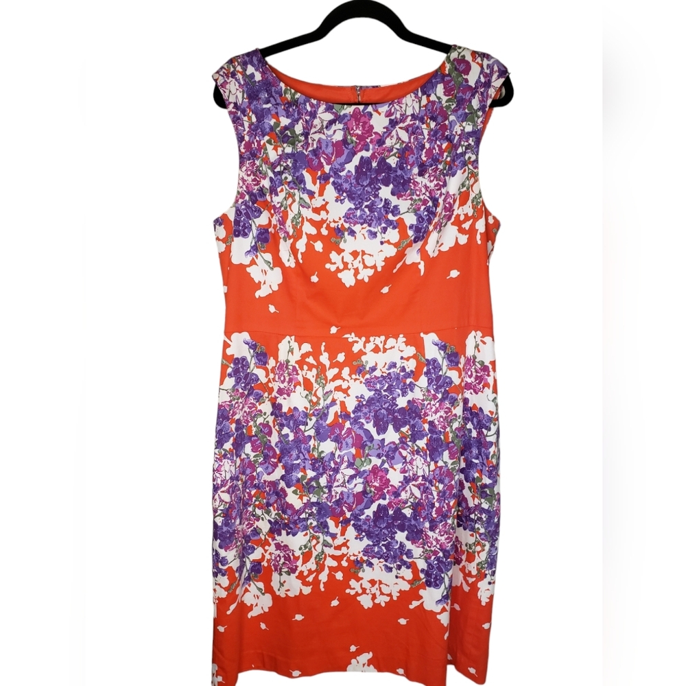 Adrianna Papell Red Purple Floral Midi Sheath Sleeveless Dress Lined Size 16 - Picture 1 of 8